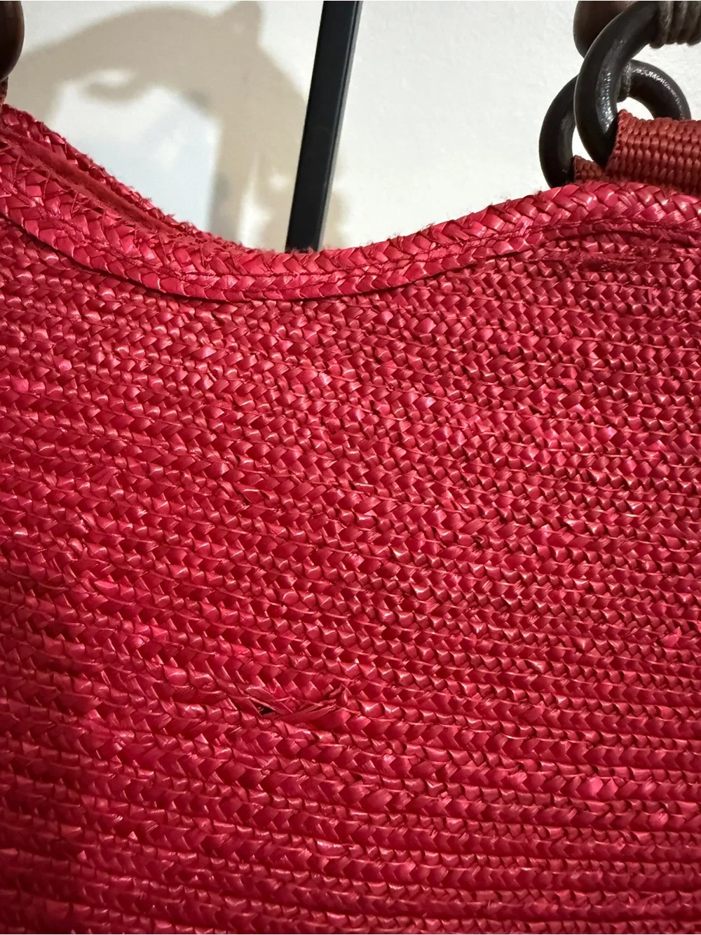 Vintage Red Woven Rattan Tote Bag Wood Beaded Handle Top Handle Boho Retro Purse